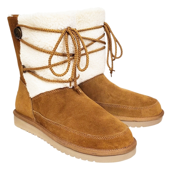 New Koolaburra Ugg michon short boots chesnut suede faux fur pull on lace winter - Picture 5 of 16